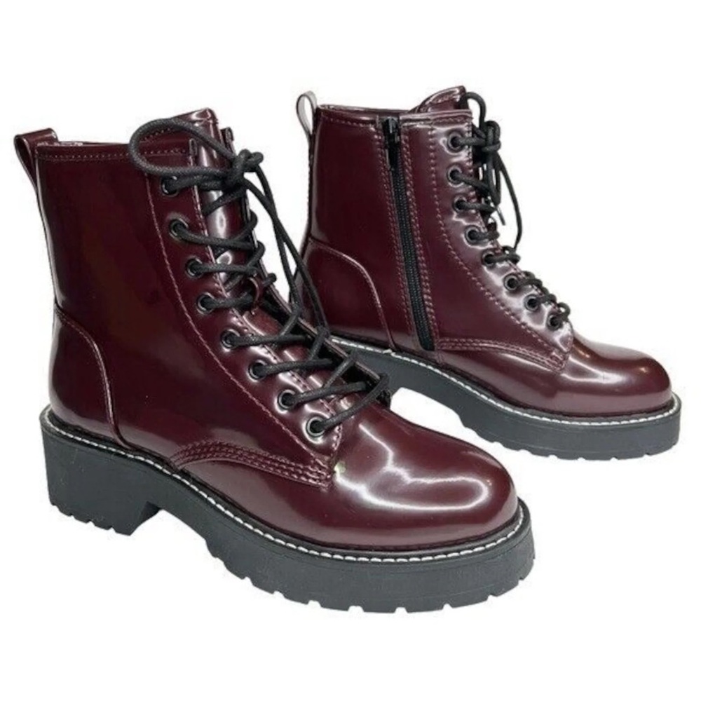 Madden Girl Burgundy Patent Carra Lace-Up Combat Boots, in great condition.
